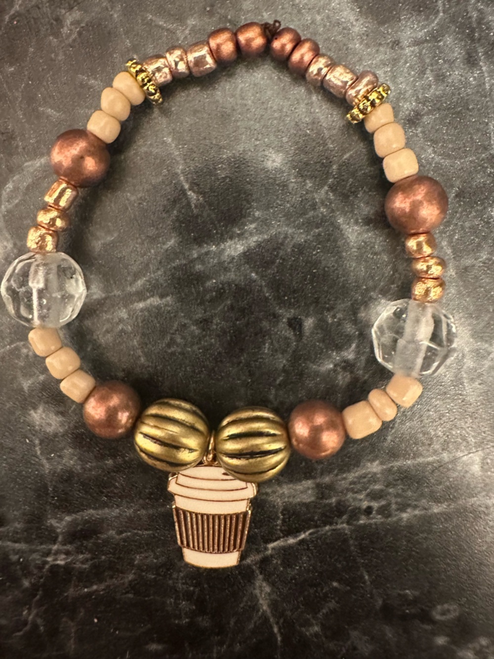 Coffee Charm Beaded Stretch Bracelet in Metallic Bronze & Cream